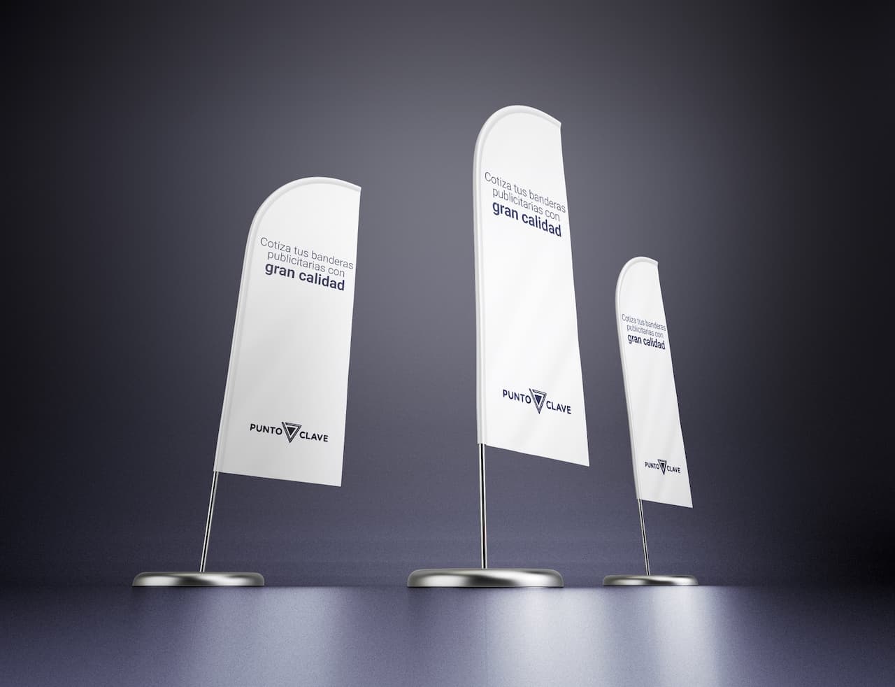Tres banderas publicitarias blancas de diferentes tamaños con el logotipo de Punto Clave