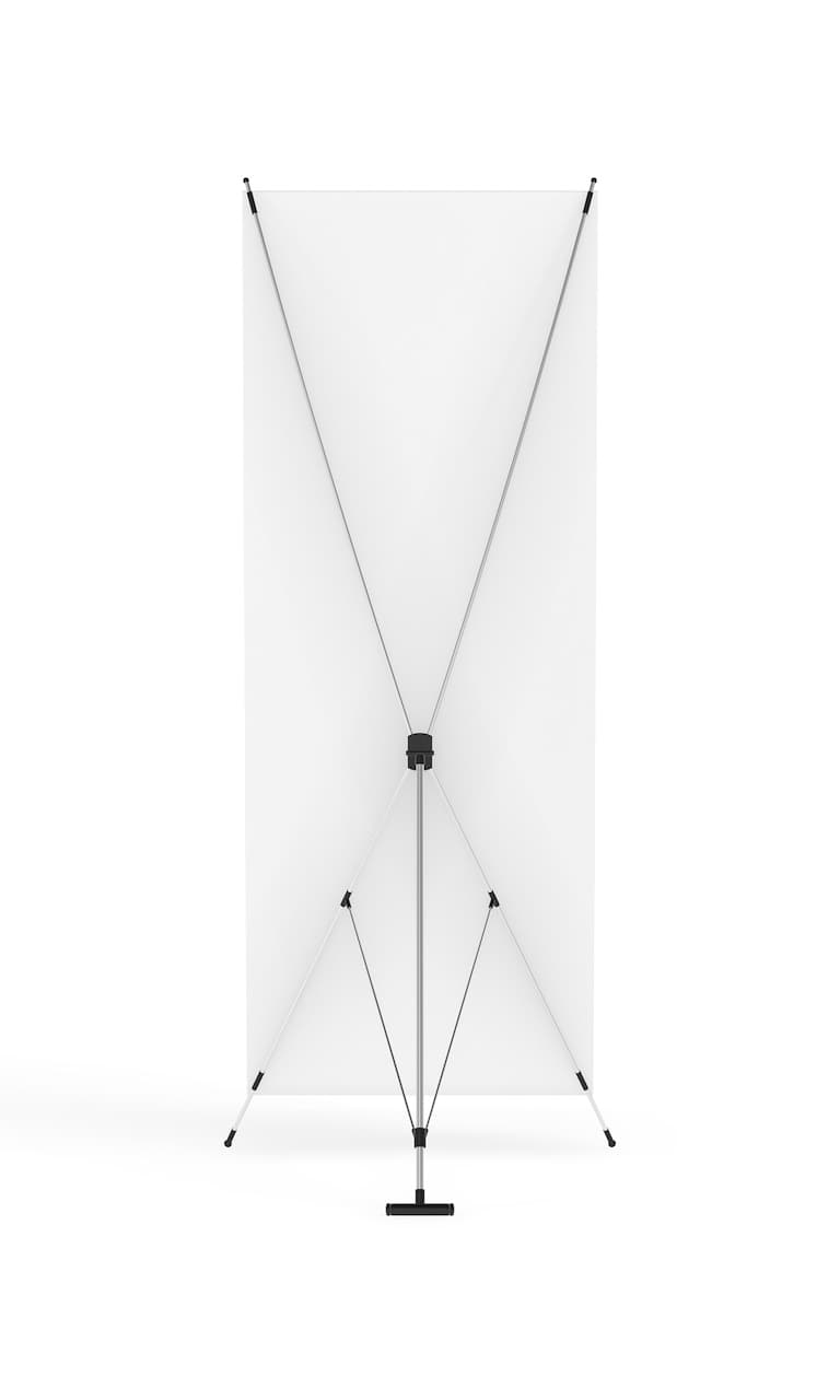 Se muestra un fondo blanco sostenido por una estructura metálica. La tela está tensa y el soporte cuenta con patas laterales y una base inferior. Este diseño es ideal para exhibiciones o presentaciones, reflejando la calidad de la marca 'punto clave'.