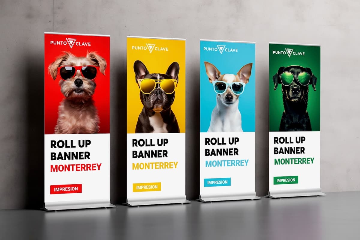 Roll ups publicitarios de Punto Clave con imágenes de perros con gafas de sol