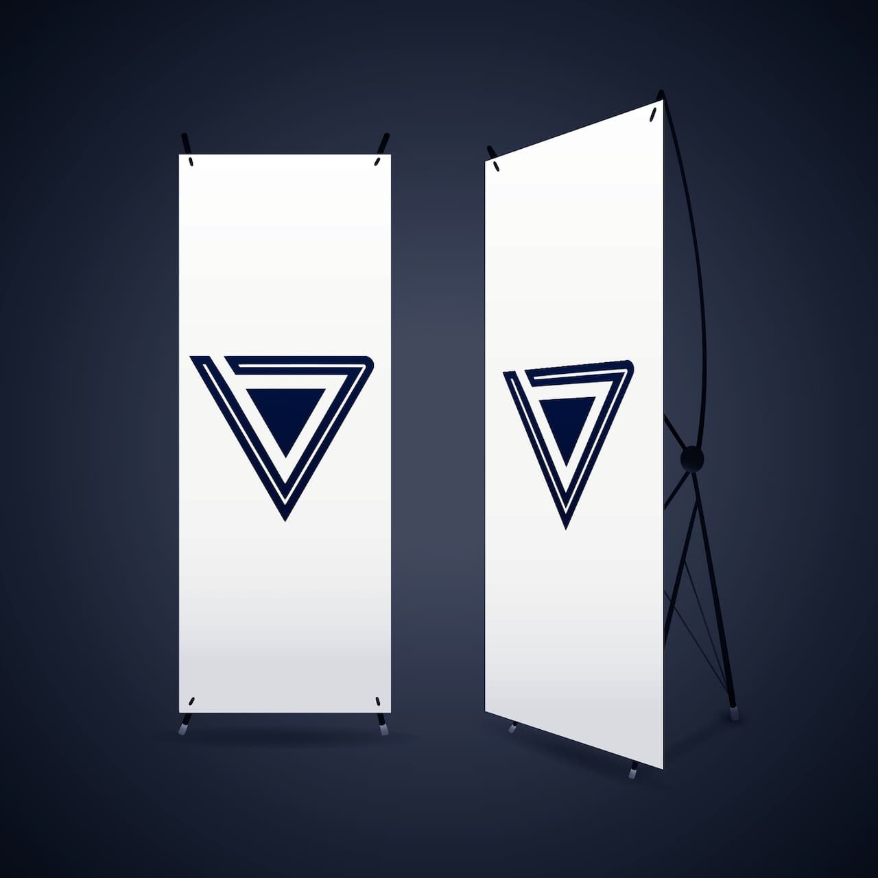 Se presentan dos banners verticales con un diseño minimalista, cada uno mostrando un logo en forma de triángulo con líneas; el fondo es blanco y el logo es de color azul oscuro. La marca 'punto clave' se asocia con esta imagen por su claridad y simplicidad visual.