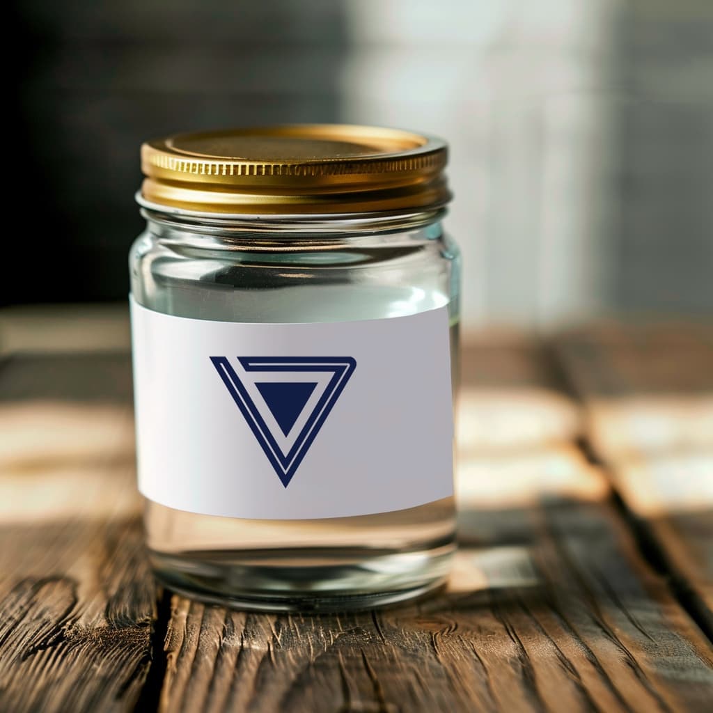 Un frasco de vidrio con tapa dorada, que contiene un líquido transparente, presenta una etiqueta blanca en la que destaca un logo de forma triangular en color azul. El frasco está colocado sobre una superficie de madera con un acabado rústico, lo que le da un toque natural y acogedor. Este diseño podría asociarse con la marca 'punto clave'.