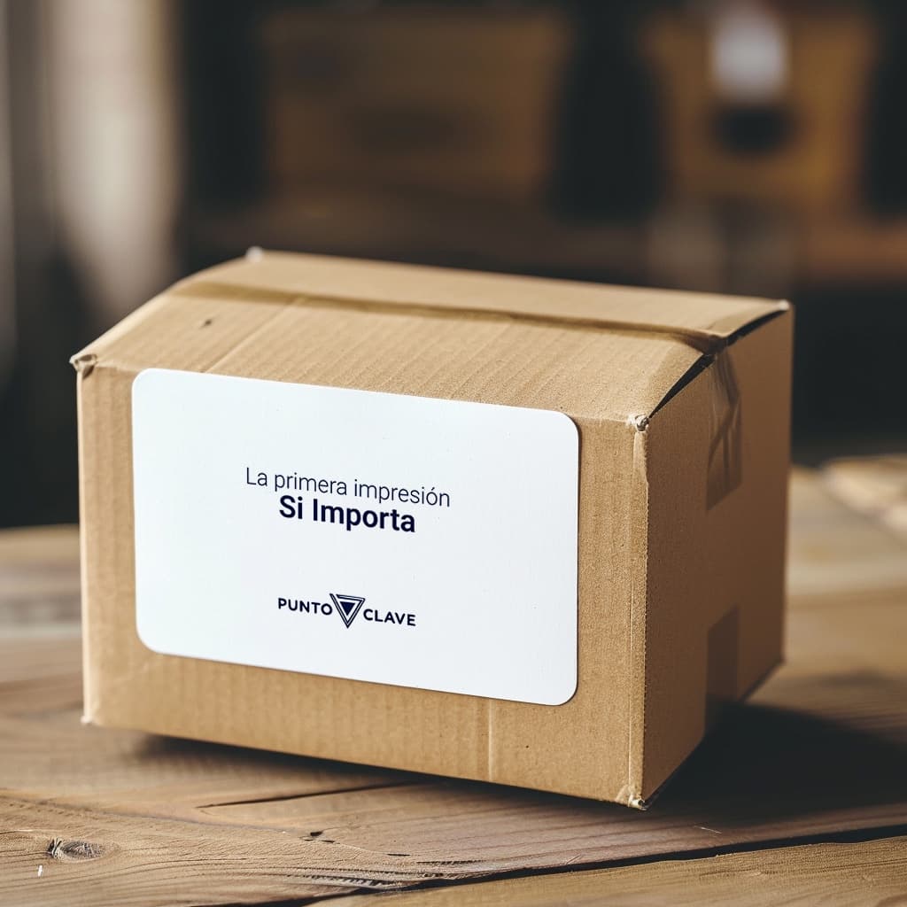 Caja con etiqueta de vinil de Punto Clave con texto la primera impresión sí importa
