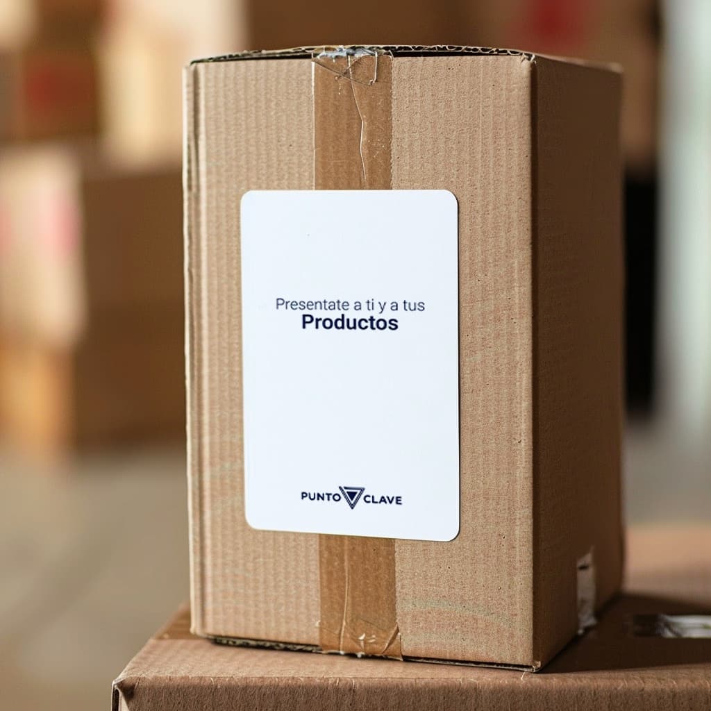 Una caja de cartón está etiquetada con un mensaje que dice 'Presentate a ti y a tus Productos'. La etiqueta incluye la marca 'punto clave', visible en la parte inferior. La caja parece formar parte de un ambiente de almacenamiento o distribución.
