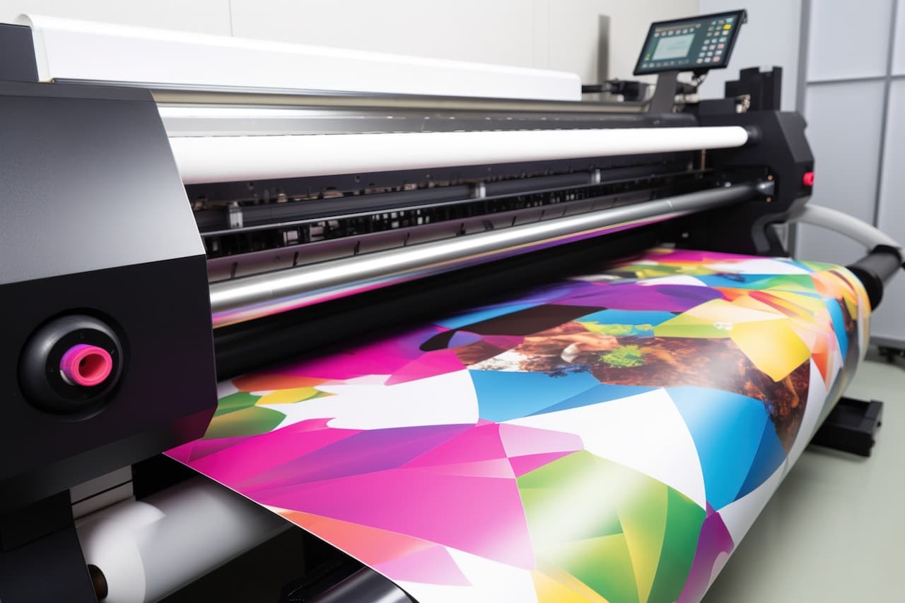 Una impresora de gran formato está imprimiendo un diseño colorido en un rollo de papel. El diseño incluye formas geométricas y colores vibrantes, destacando la tecnología de impresión moderna, como la de la marca 'punto clave'.