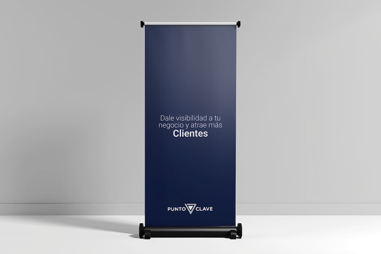 Un banner vertical de color azul oscuro que promueve la visibilidad de los negocios y la atracción de más clientes. En la parte inferior aparece el logo de 'punto clave'.