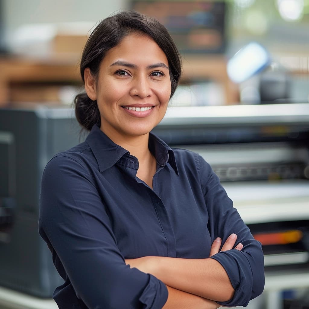 Una mujer sonriente con cabello oscuro y piel clara, vestida con una camisa negra, se presenta con los brazos cruzados en un entorno de oficina. Detrás de ella se ven equipos y tecnología que sugieren un ambiente de trabajo moderno y profesional. La imagen refleja confianza y amabilidad, destacando su postura segura. Es una representación que podría asociarse con la marca 'punto clave' en el ámbito laboral.