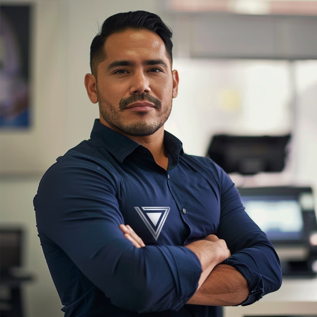 Hombre con camiseta de color azul oscuro, llevando los brazos cruzados y una expresión seria. En la parte del pecho tiene un logotipo en forma de triángulo. El fondo muestra un entorno de oficina que incluye un escritorio y una computadora. La marca 'punto clave' se asocia con el logotipo en su camiseta.