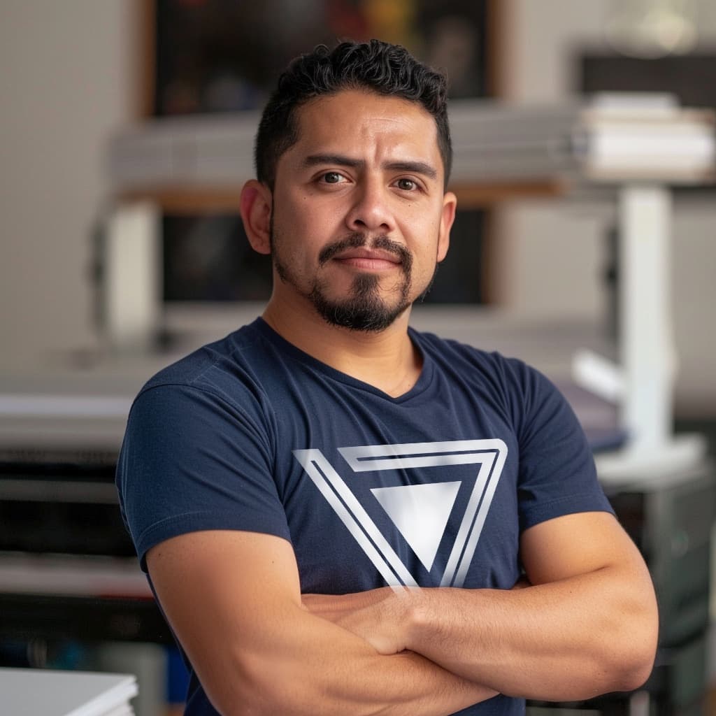 Un hombre sonriente con barba y cabello rizado viste una camiseta azul con un diseño geométrico. Se encuentra de pie con los brazos cruzados, en un ambiente luminoso que parece ser un estudio de trabajo. Al fondo, se pueden ver algunas impresoras y herramientas, lo que sugiere que está relacionado con el diseño y la creatividad. La marca 'punto clave' podría resonar con el enfoque profesional del entorno.