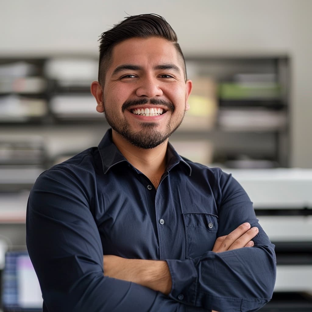 Trabajador de Punto Clave en un taller de lonas impresas