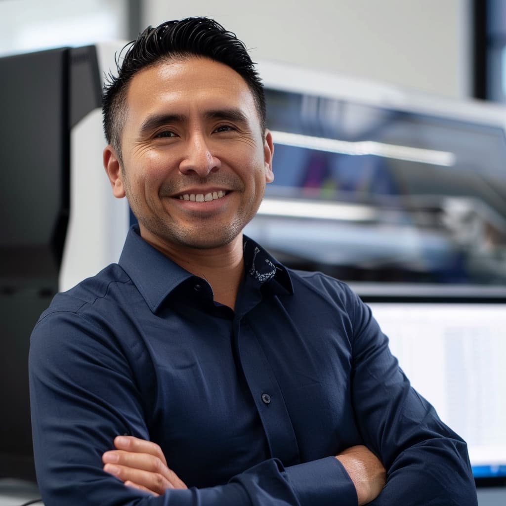Un hombre sonriente está posando con los brazos cruzados, vistiendo una camisa azul con un detalle en el cuello. El fondo muestra una oficina moderna con tecnología visible, destacando un entorno profesional. La marca 'punto clave' resalta en el ambiente laboral.