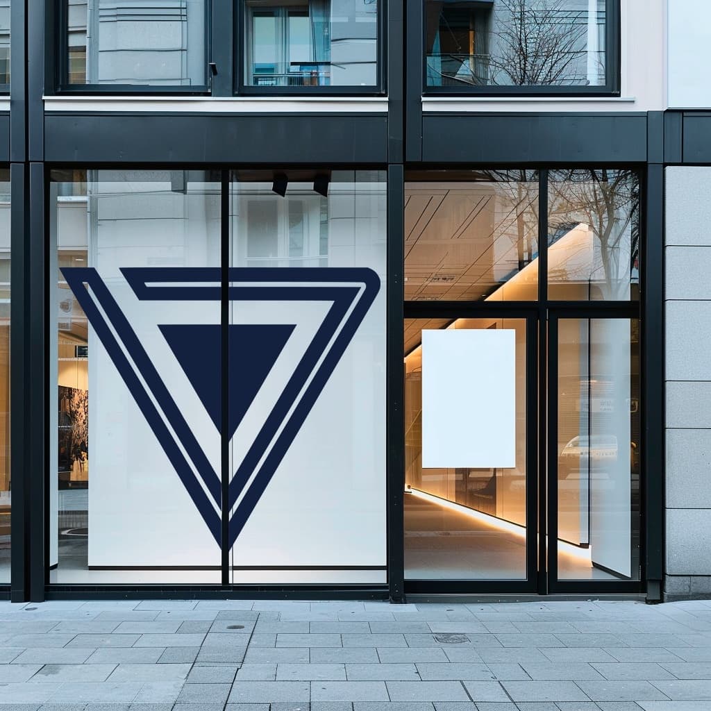 Se observa la fachada de un edificio moderno con grandes ventanales. En el centro, hay un diseño gráfico en forma de triángulo invertido, con líneas en color azul oscuro, lo que le da un aspecto elegante. También se aprecia un marco de entrada con puertas de vidrio, y al fondo, una iluminación sobria que resalta el ambiente. Este diseño puede asociarse a la marca 'punto clave', que sugiere un enfoque contemporáneo y minimalista.