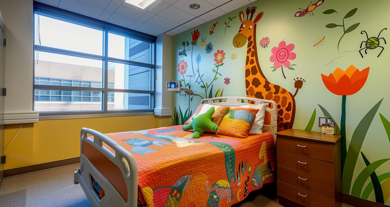 Habitación colorida y alegre, diseñada para niños, con una cama blanca luminosa y una colcha decorada. La pared presenta una pintura de una jirafa y elementos naturales como flores y insectos. Una ventana grande permite la entrada de luz natural. Muebles de madera complementan el ambiente acogedor. Todo es parte del enfoque 'punto clave' para crear un espacio hospitalario amigable y reconfortante.