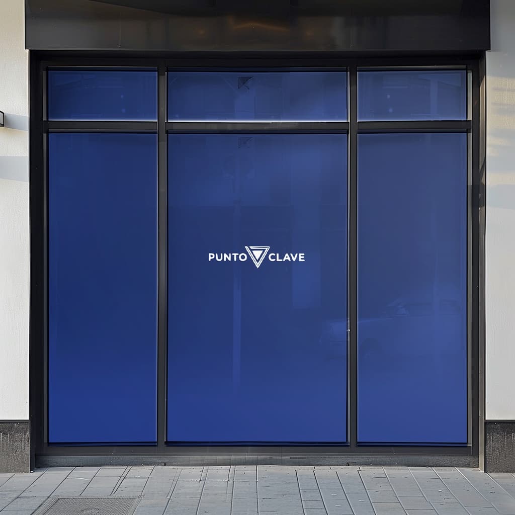 Fachada de una tienda con ventanas grandes y un fondo azul. En el centro se encuentra el logo de 'punto clave', que destaca en color blanco. La escena transmite una sensación moderna y minimalista.