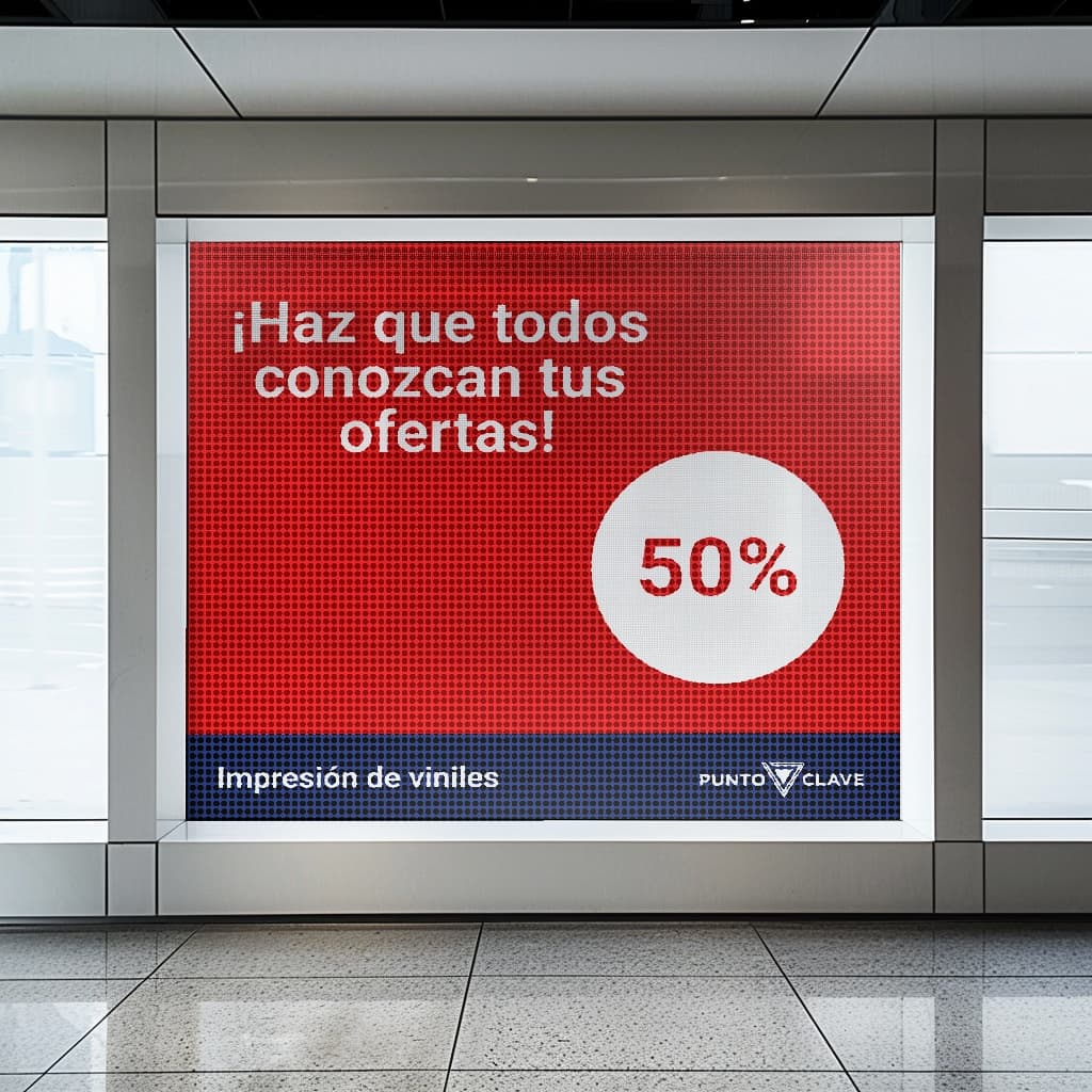 Cartel publicitario con fondo rojo que resalta el mensaje '¡Haz que todos conozcan tus ofertas!' y un porcentaje de '50%'. En la parte inferior se menciona 'Impresión de viniles' y la marca 'punto clave'.