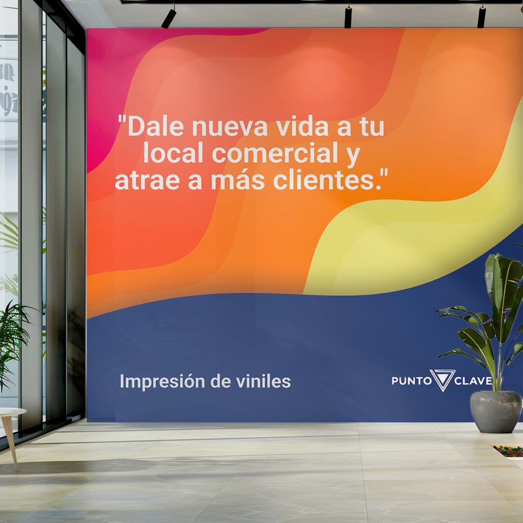 Un mural colorido en un espacio comercial presenta el mensaje 'Dale nueva vida a tu local comercial y atrae a más clientes', junto con la frase 'Impresión de viniles' y la marca 'punto clave'. La combinación de colores y el diseño vibrante buscan captar la atención y dar un sentido de renovación.
