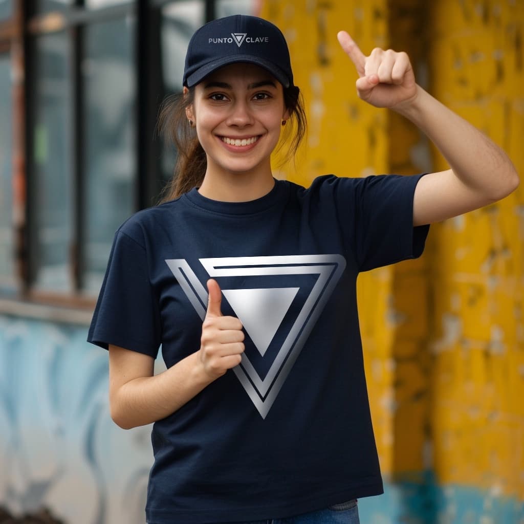Mujer joven sonriendo y señalando hacia arriba, vistiendo una camiseta y una gorra con el logotipo de Punto Clave