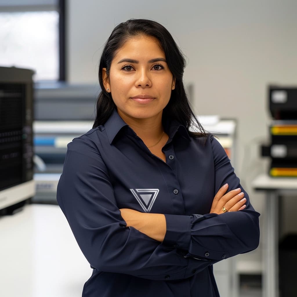 Una mujer con cabello largo y oscuro, vestida con una camisa azul oscura con un logo en el pecho, está de pie con los brazos cruzados en un entorno de oficina moderno. Al fondo se pueden ver equipos de oficina, lo que sugiere un ambiente profesional.