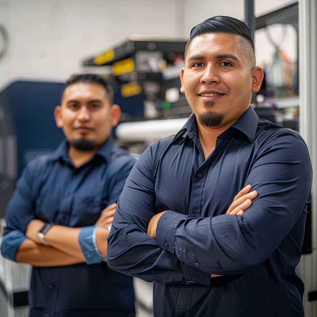 Dos hombres sonrientes con los brazos cruzados, vistiendo camisas oscuras, en un entorno de oficina o taller. Son trabajadores de Punto Clave