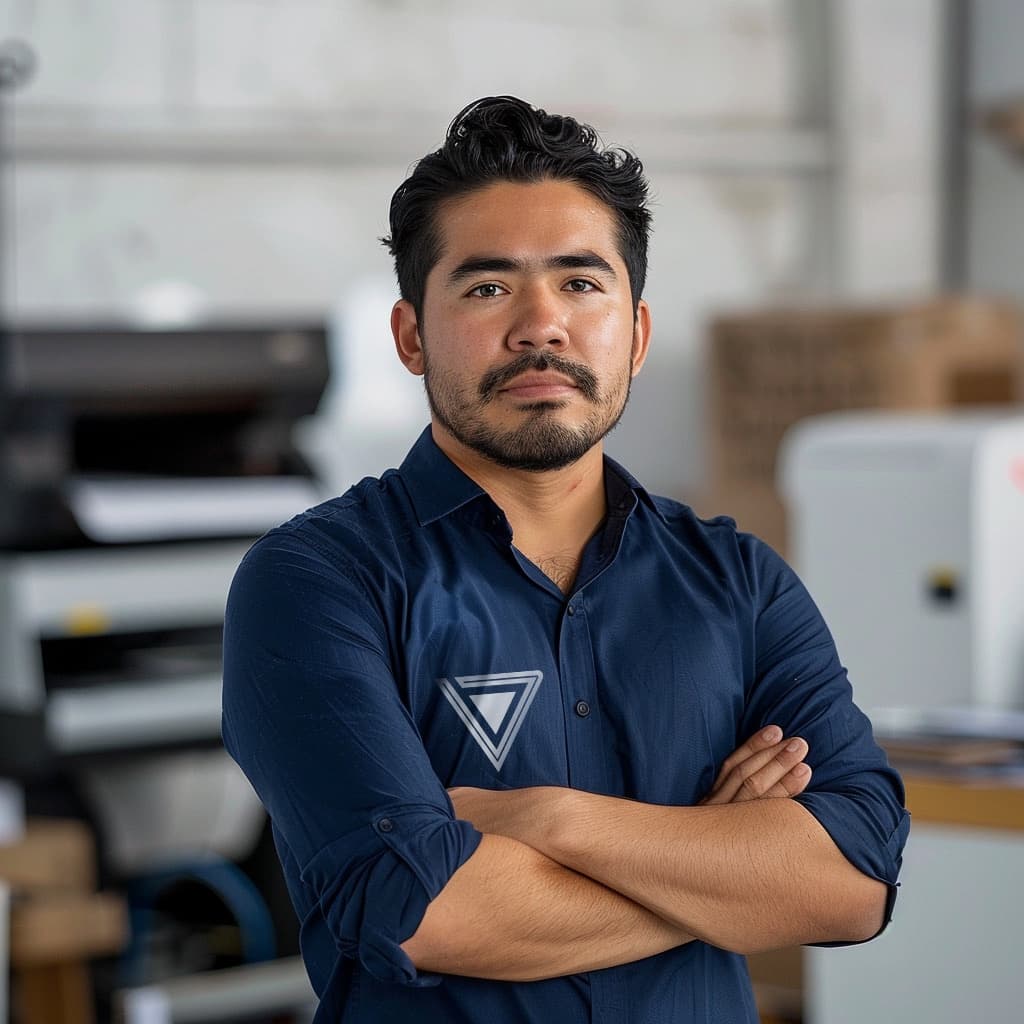 Un hombre con camisa azul de manga larga se encuentra de pie en un entorno de trabajo. Tiene los brazos cruzados y una expresión seria. En su camisa se observa un logo que parece de la marca 'punto clave'. De fondo, hay impresoras y otros elementos de oficina.