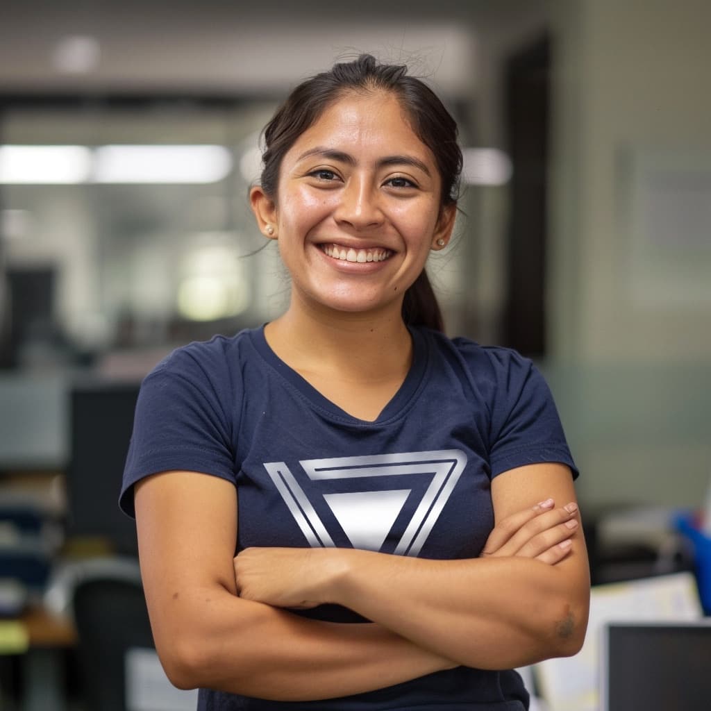 Trabajadora de Punto clave con camisa con logotipo de punto clave en un taller de lonas impresas