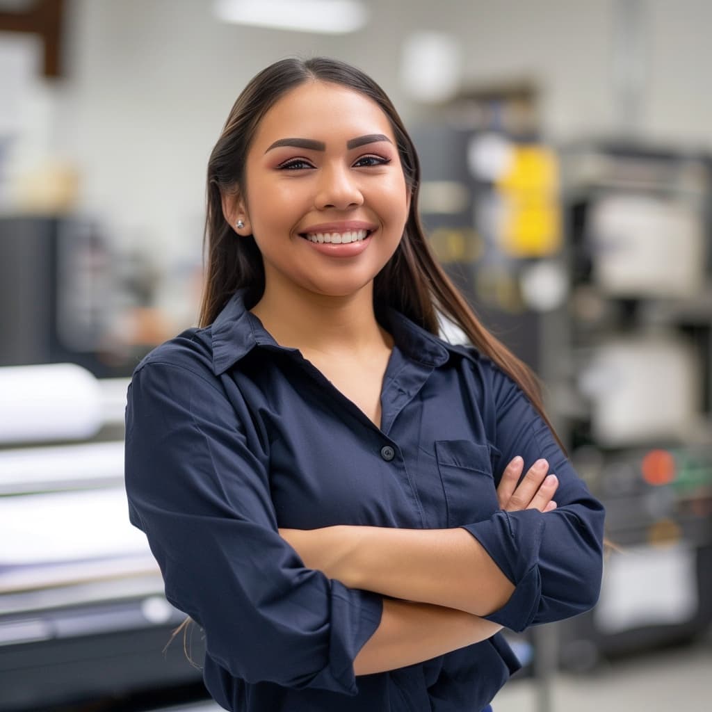 Trabajadora de Punto Clave en un taller de lonas impresas de gran formato