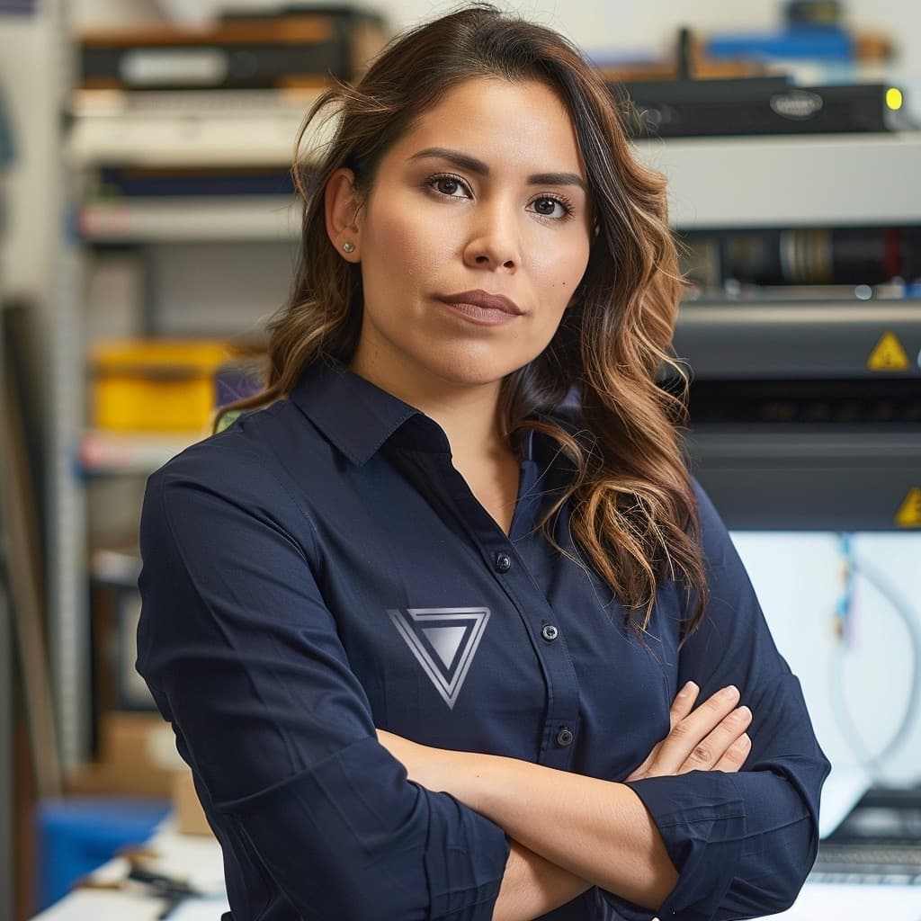Mujer con camisa oscura, brazos cruzados y con una expresión seria, frente a un fondo de equipo técnico. El logo de 'punto clave' es visible en su camisa.