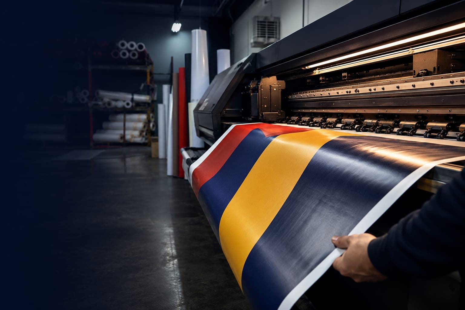 Plóter de gran formato imprimiendo una lona a color en el taller de Punto Clave